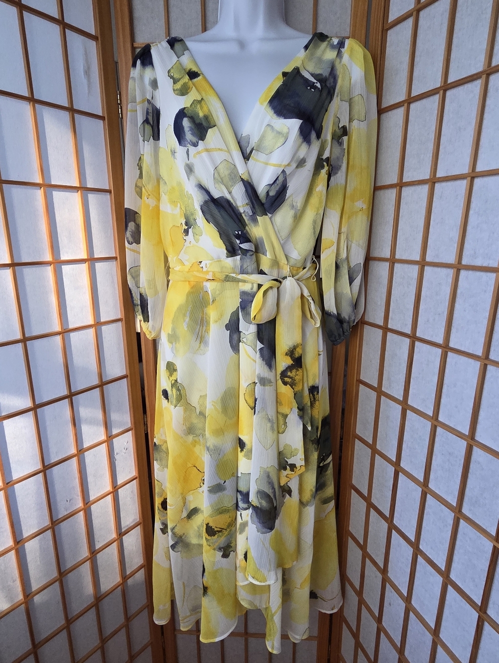 NWT HARPER ROSE IVORY/LEMO CHIFFON BALLOON SLEEVE WRAP HIGH/LOW DRESS SIZE 8